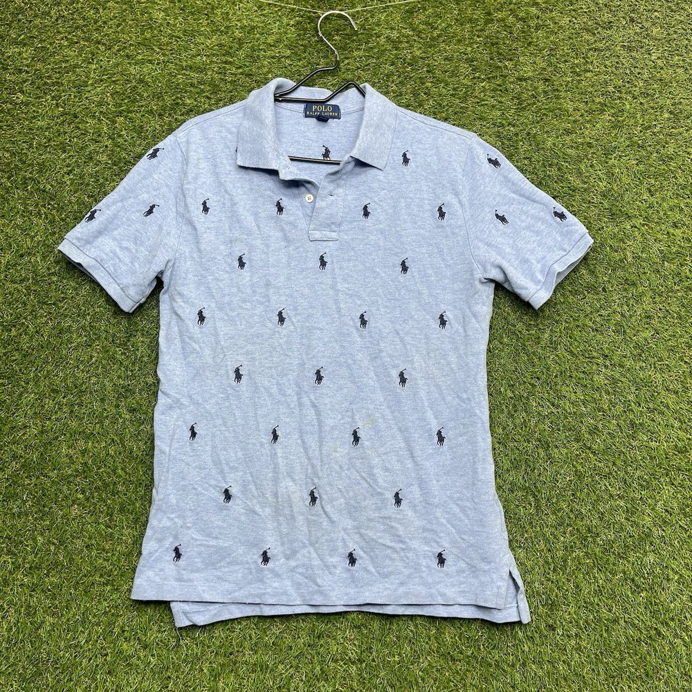Polo Ralph Lauren Polo Shirt Boys Large 14-16 Blue Preppy Modern AOP Pony Print